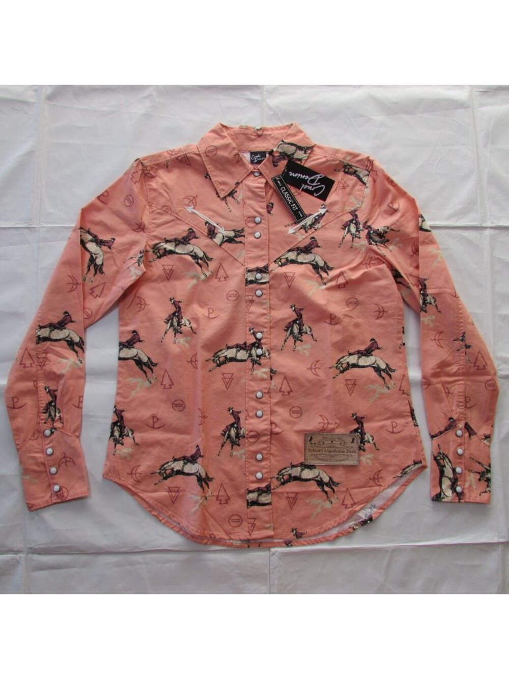Cruel Denim Women's Long Sleeve Western Print Snap Shirt Coral